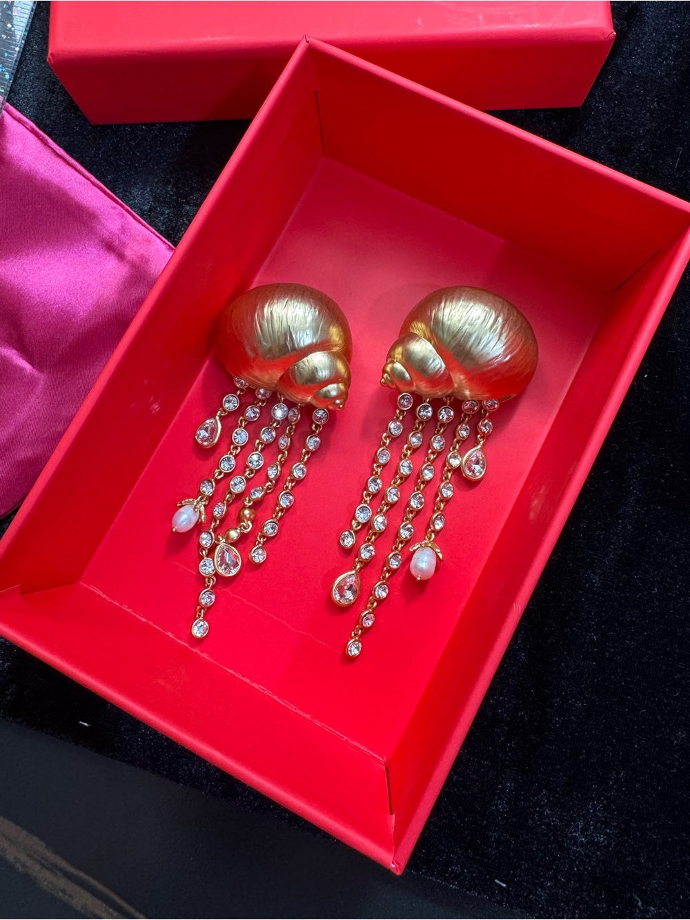 Schiaparelli Gold Shell Drop Earrings with Crystal Tassels - Women Jewelry